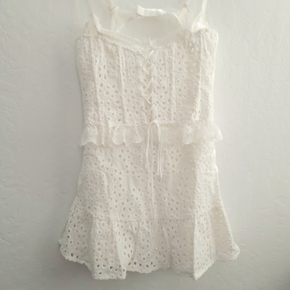 NWT For Love & Lemons Sadie White Lace Eyelet Corset Bustier Ruffle Mini Dress M - Picture 11 of 12
